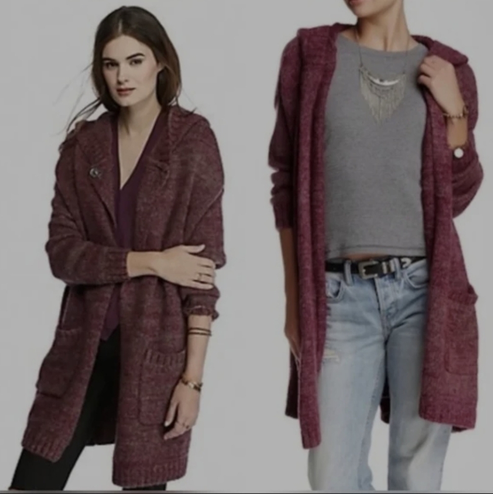 Free People Long Hooded Cardigan in Berry Plum
